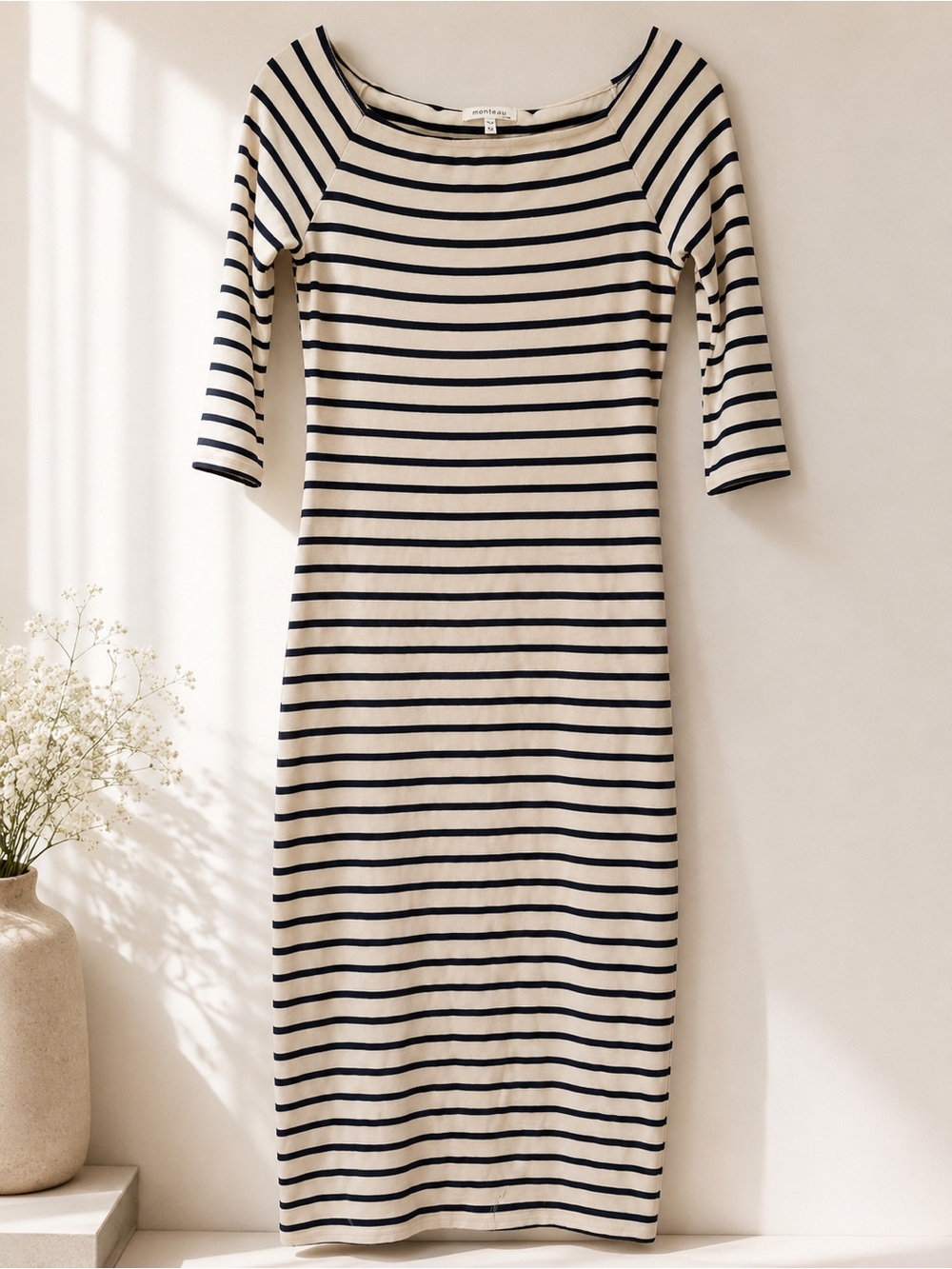 Monteau Navy Striped Boat Neck Midi Dress Size M